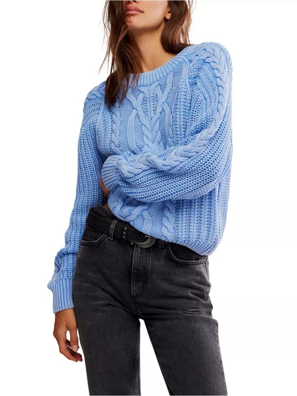 NWOT Free People (SAMPLE PIECE) Frankie Cable Knit Sweater in Della Robbia Blue
